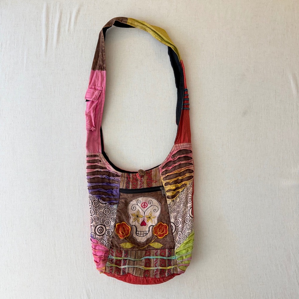 Unbranded Crossbody Bag Unisex OS Multi Patchwork Sugar Skull Boho Hippie Nepal